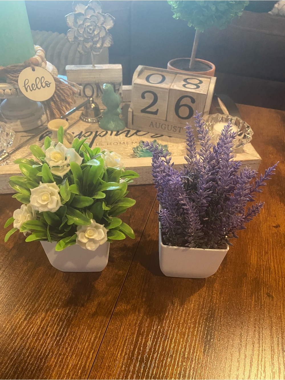 Faux Lavender and White Blossom Potted Duo -